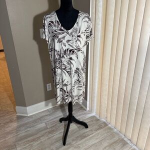 Short Sleeve V-Neck Botanical Print Dress - Cream & Brown
